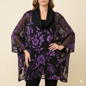 002-Lady Jane Floral Wrap Poncho Shrug Size 2X Sheer Cowl / PTP 28